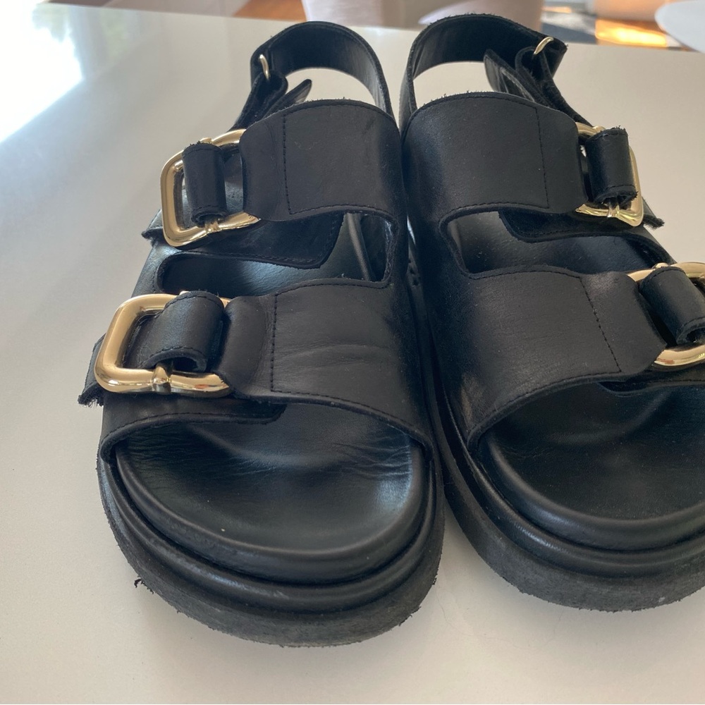 ALOHAS Black Leather Double-Buckle Sandals with Gold Hardware - Picture 1 of 4